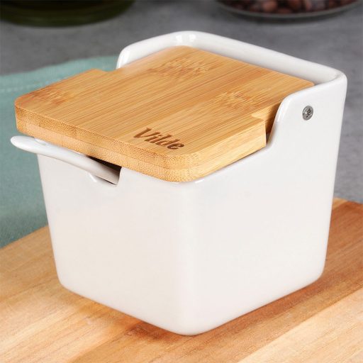Cukortartó kanállal, kerámia és bambusz anyagokból, fehér 250ml