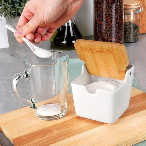 Cukortartó kanállal, kerámia és bambusz anyagokból, fehér 250ml