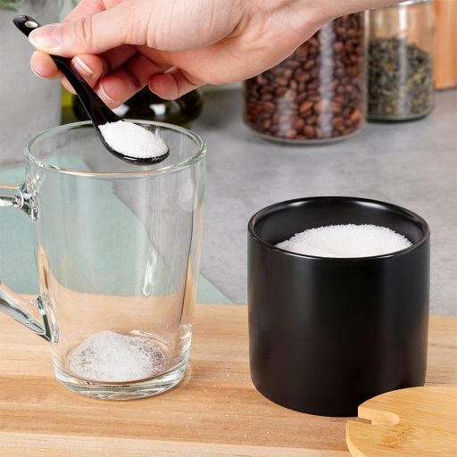 Cukortartó kanállal, kerámia és bambusz anyagokból, fekete 250ml 8,5x8cm