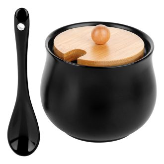  Cukortartó kanállal, kerámia és bambusz anyagokból, fekete 250ml - 9x9cm