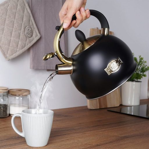 Sípoló vízforraló kanna acél, fekete, 3 L