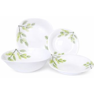   OPAL Szögletes Porcelán Étkészlet – 19 részes, Zöld Leveles mintával