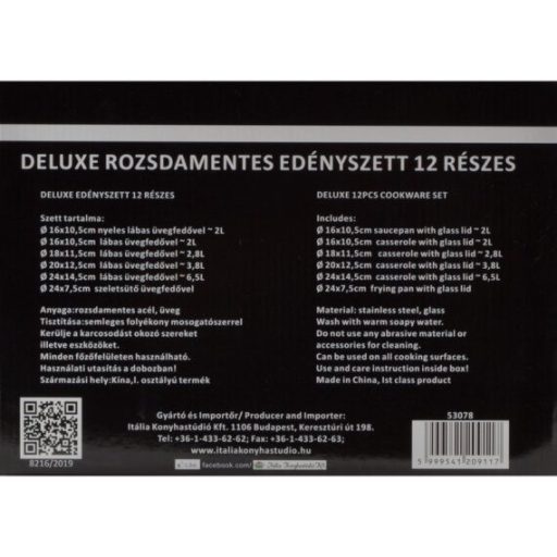 Deluxe 12 részes, rozsdamentes edénykészlet üvegfedővel