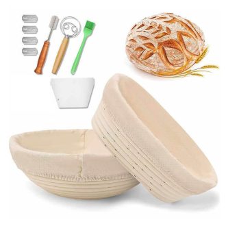   2 darabos kenyérkelesztő rattan kosár szett – 22,9 cm-es kerek és 25,4 cm-es ovális kosár lenvászon béléssel, tésztavágóval, vágópengével és szilikon sütőecsettel