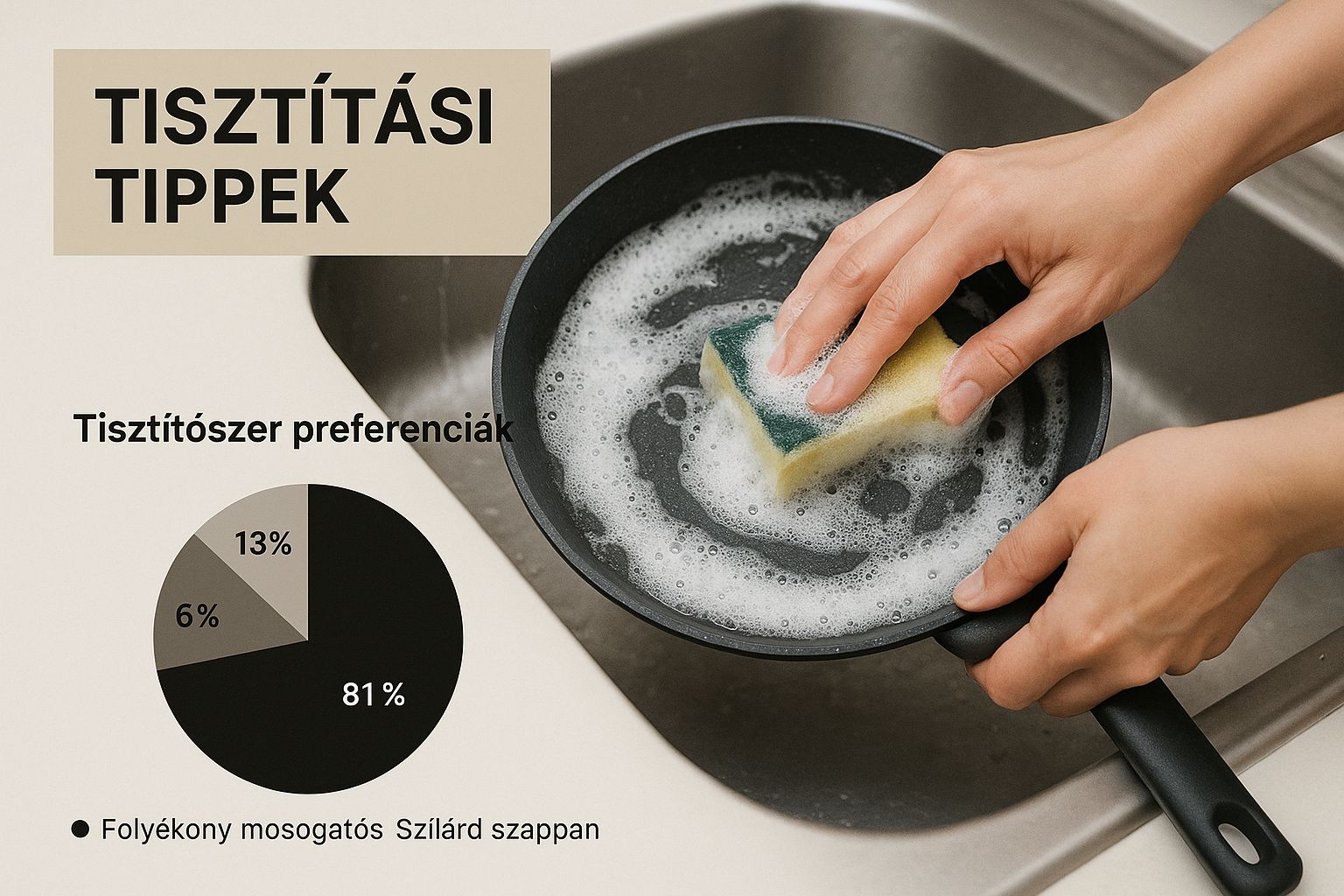 Infografika a különböző serpenyők helyes tisztításáról.