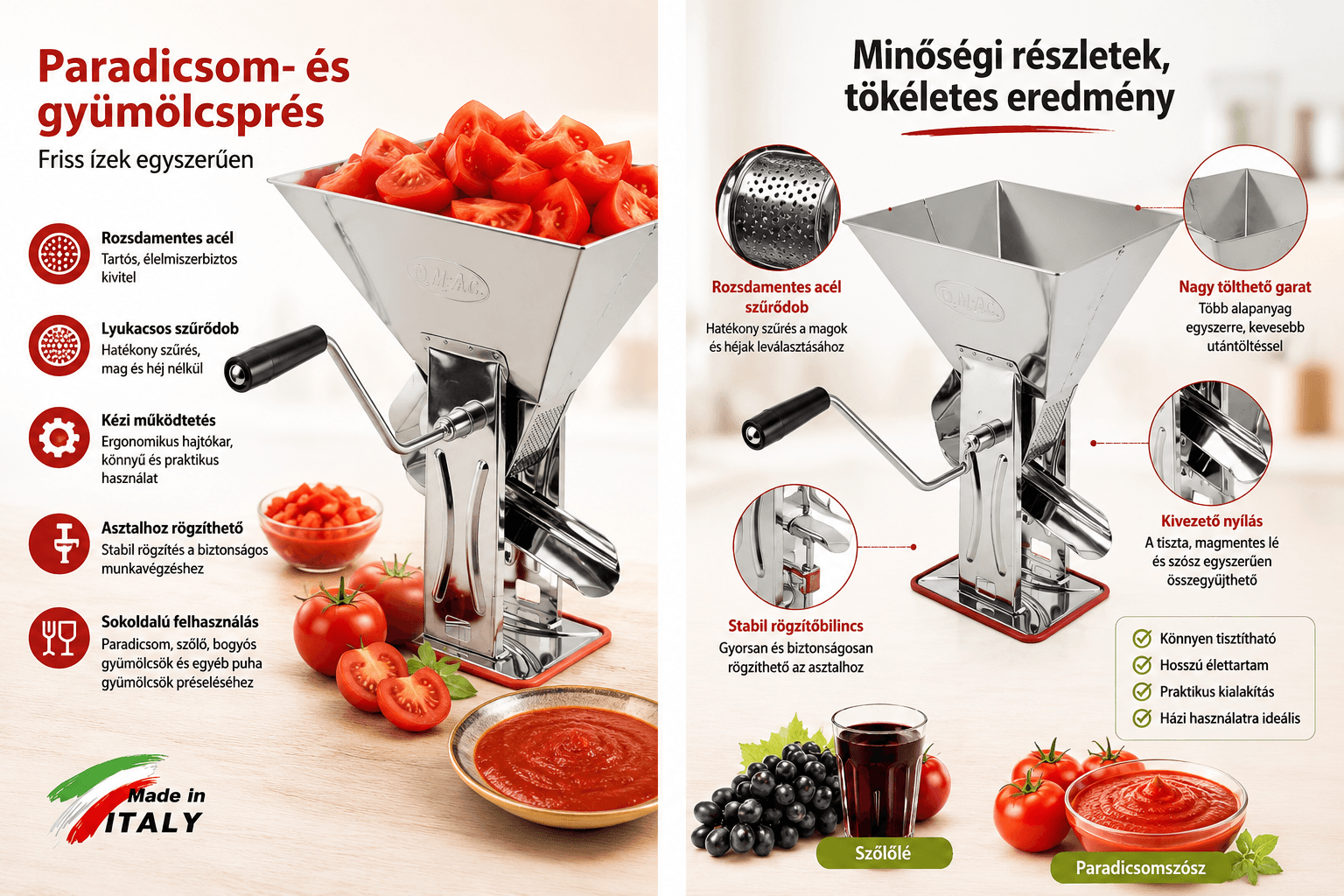 Olasz Inox Paradicsomdaráló és Passzírozó Velocissima O.M.A.C. – Made in Italy