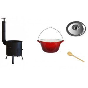 Zománcozott öntöttvas bogrács szett 7,2liter, 31cm házzal, 40cm fakanállal, fedővel