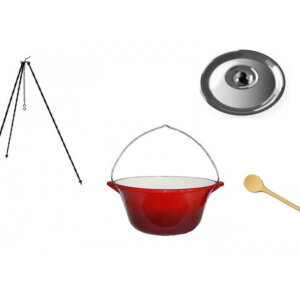 Zománcozott öntöttvas bogrács szett 22literes, 1,5m állvánnyal, 50cm fakanállal és fedővel