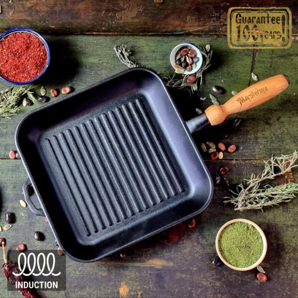 Öntöttvas grillserpenyő levehető fa nyéllel 3.1 liter 28x28cm