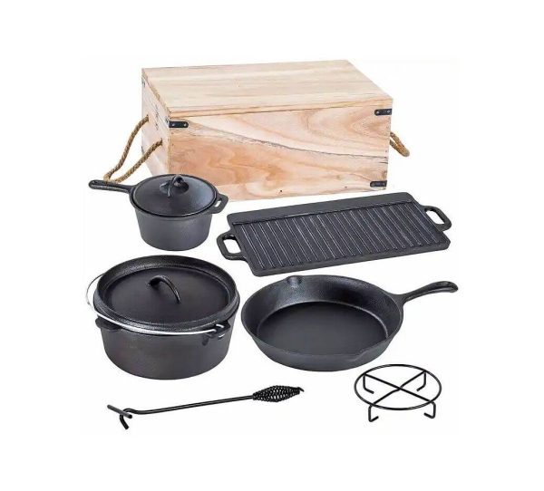 Öntöttvas kemping BBQ grill készlet fadobozban 6+1 részes - Image 3