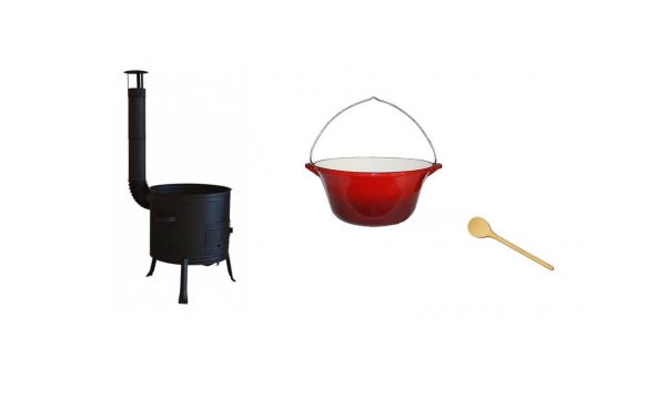 Zománcozott öntöttvas bogrács szett 15 literes, 36 cm házzal, 50 cm fakanállal