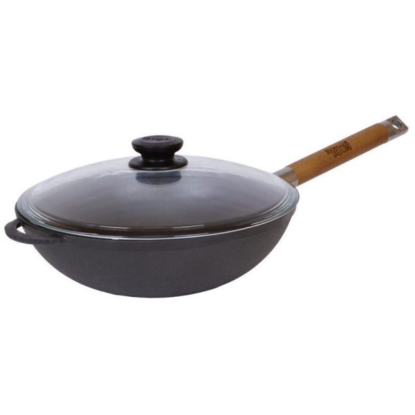 Öntöttvas wok levehető fa nyéllell és üvegfedővel 26cm