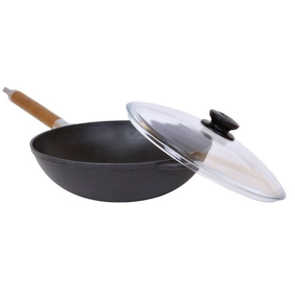 Öntöttvas wok levehető fa nyéllell és üvegfedővel 26cm - Image 2