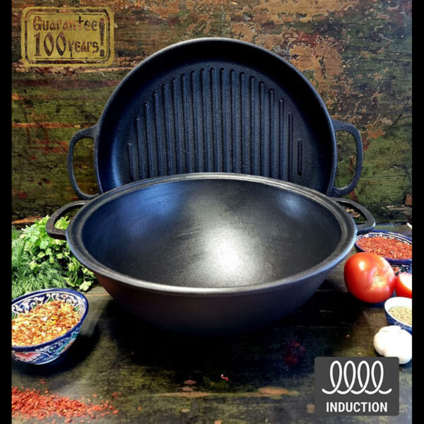 Öntöttvas wok, bogrács öntöttvas grill fedővel 8 literes, 34cm