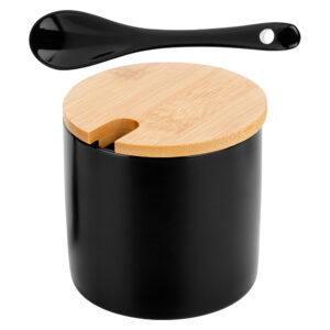Cukortartó kanállal, kerámia és bambusz anyagokból, fekete 250ml 8,5x8cm