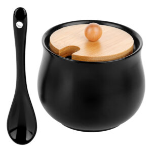 Cukortartó kanállal, kerámia és bambusz anyagokból, fekete 250ml - 9x9cm