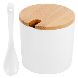 Cukortartó kanállal, kerámia és bambusz anyagokból, fehér 250ml 8,5x8cm