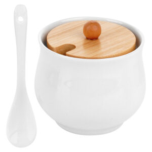 Cukortartó kanállal, kerámia és bambusz anyagokból, fehér 250ml - 9x9cm