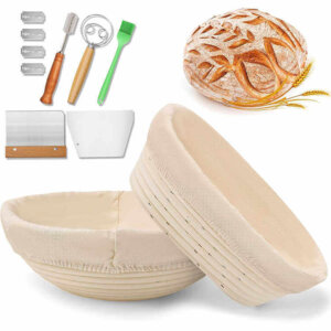 2 darabos kenyérkelesztő rattan kosár szett – 22,9 cm-es kerek és 25,4 cm-es ovális kosár lenvászon béléssel, tésztavágóval, vágópengével és szilikon sütőecsettel