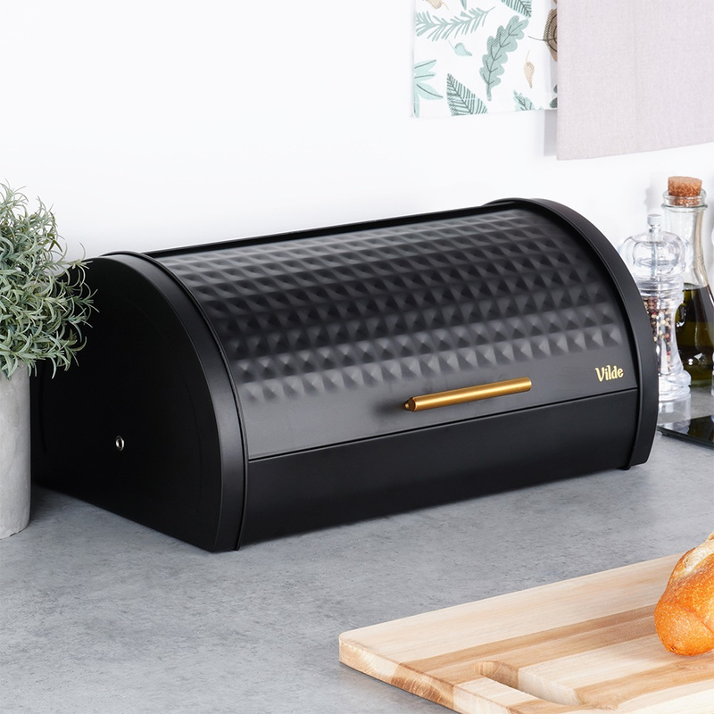 Fém kenyértartó – fekete, arany fogantyúval, 38×28,5×18 cm