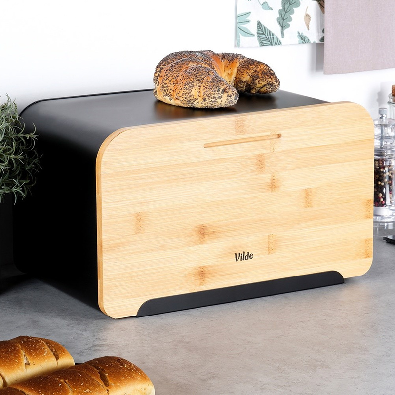 Fém kenyértartó bambusz fedéllel – fekete, 35×22×20,5 cm - Image 2