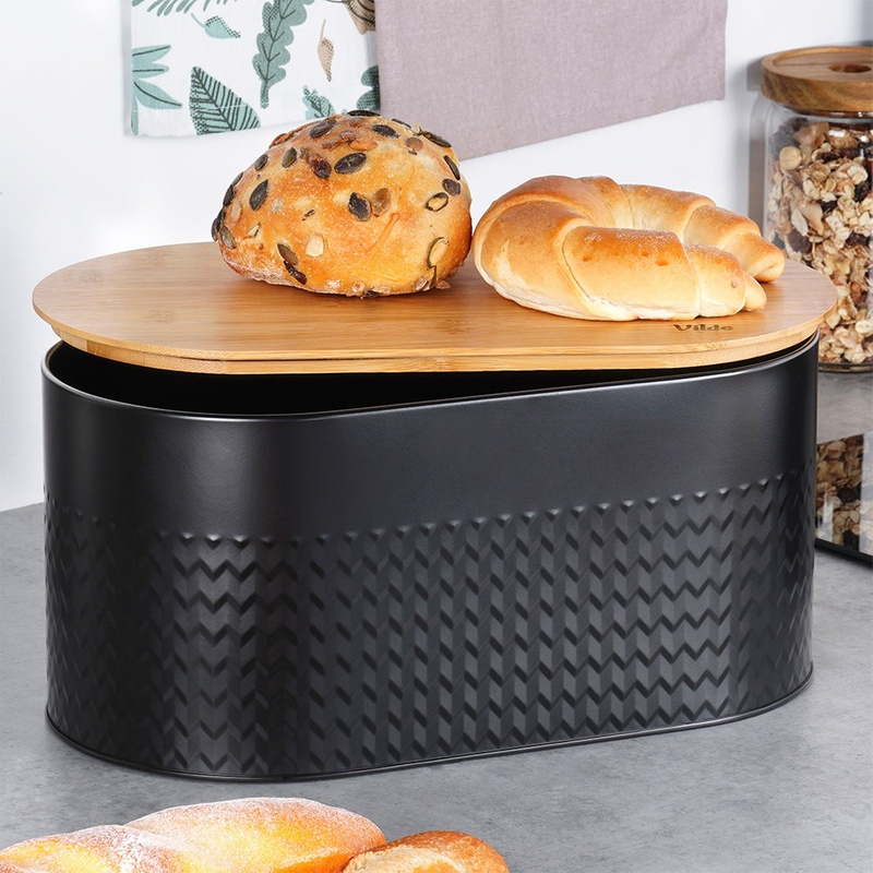 Fém kenyértartó fa fedéllel – fekete, 34×18,5×15,5 cm