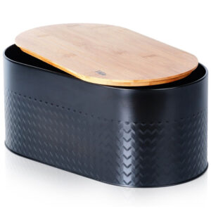 Fém kenyértartó fa fedéllel – fekete, 34×18,5×15,5 cm