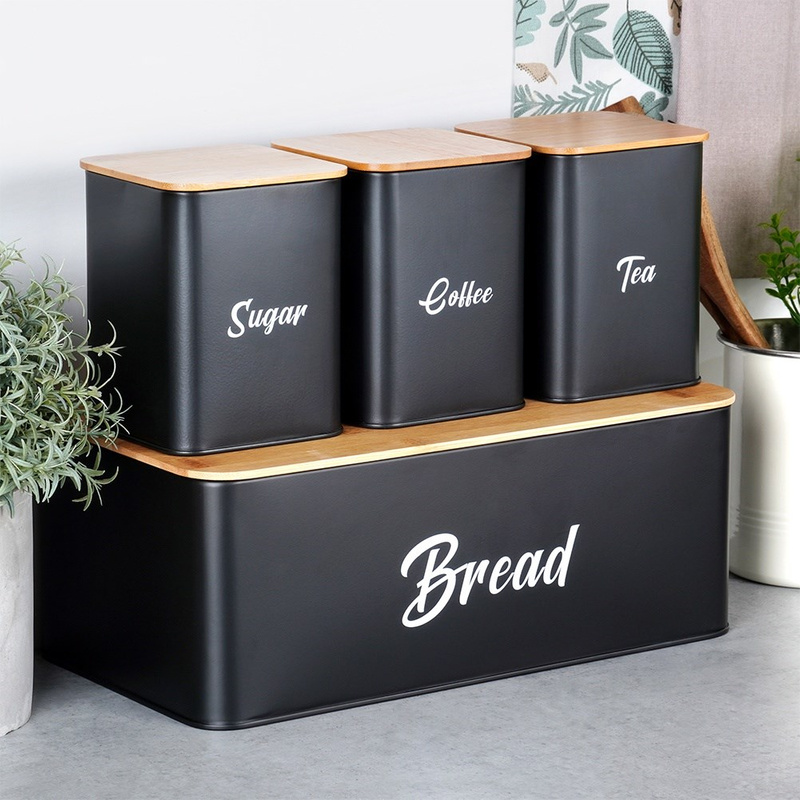 Kenyértartó és 3 db fémdobozos konyhai tároló szett – fekete, bambusz fedéllel (4 részes)