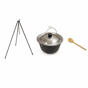 Öntöttvas bogrács szett 7,2 literes, 1m állvánnyal és 40cm fakanállal fedővel